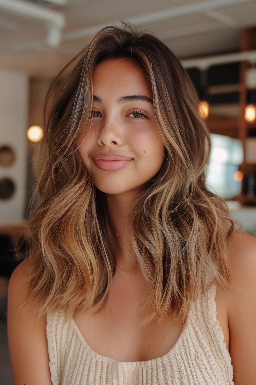 Blended honey-blonde hues seamlessly transition from roots to ends, resulting in a beautifully harmonious, multitonal look. Soft, flowing waves and layers frame the face, accentuating the warm, luminous color.