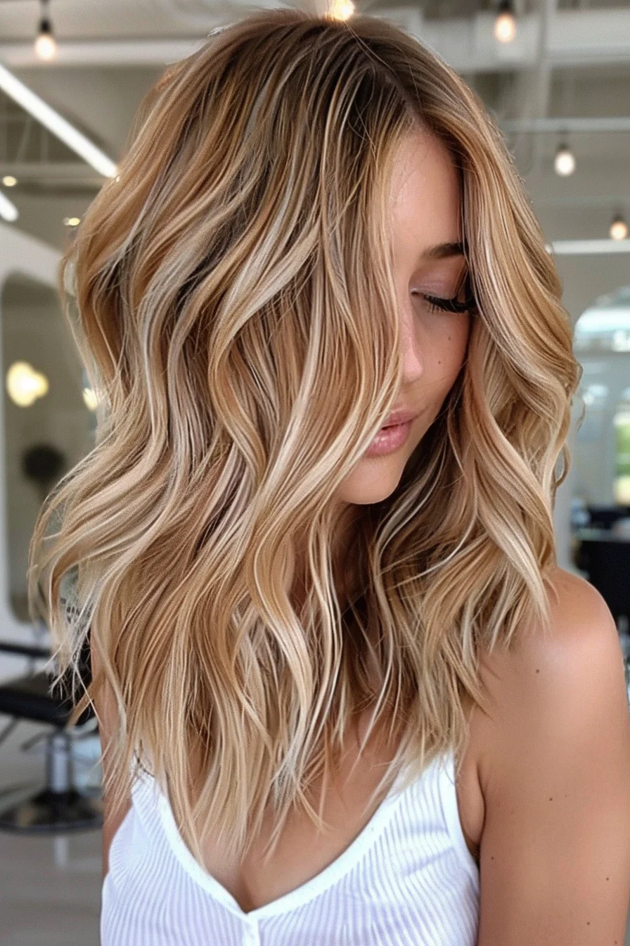 Subtle strawberry-blonde highlights infuse a golden base with a natural, sun-kissed radiance. Voluminous, textured waves enhance the dimensional color palette, creating a youthful, vibrant style.