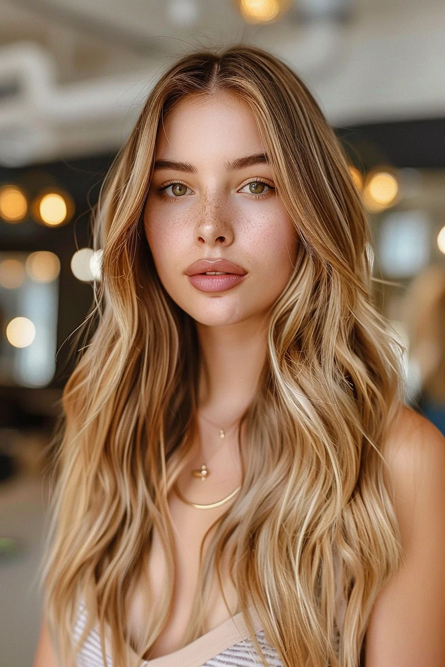 Warm, caramel-toned highlights seamlessly blend into a darker, honey-blonde base, resulting in a rich, multi-dimensional look. Flowing waves and face-framing layers add movement and depth, complementing the luminous color.
