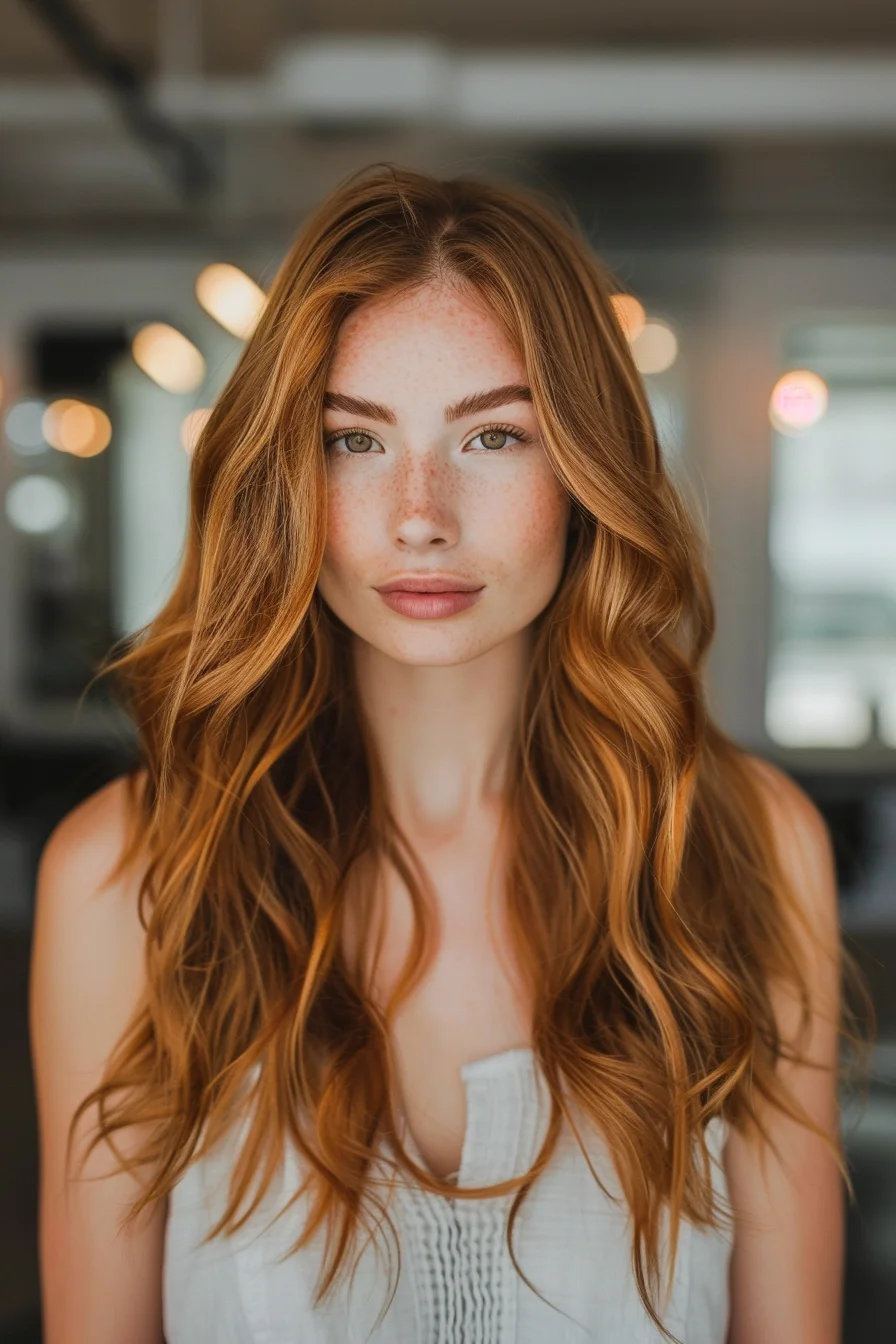 Delicate, buttery-blonde highlights are seamlessly painted throughout a natural, honey-toned base, resulting in a dimensional, sun-kissed effect. Soft, flowing waves and face-framing layers enhance the warm, radiant hue.