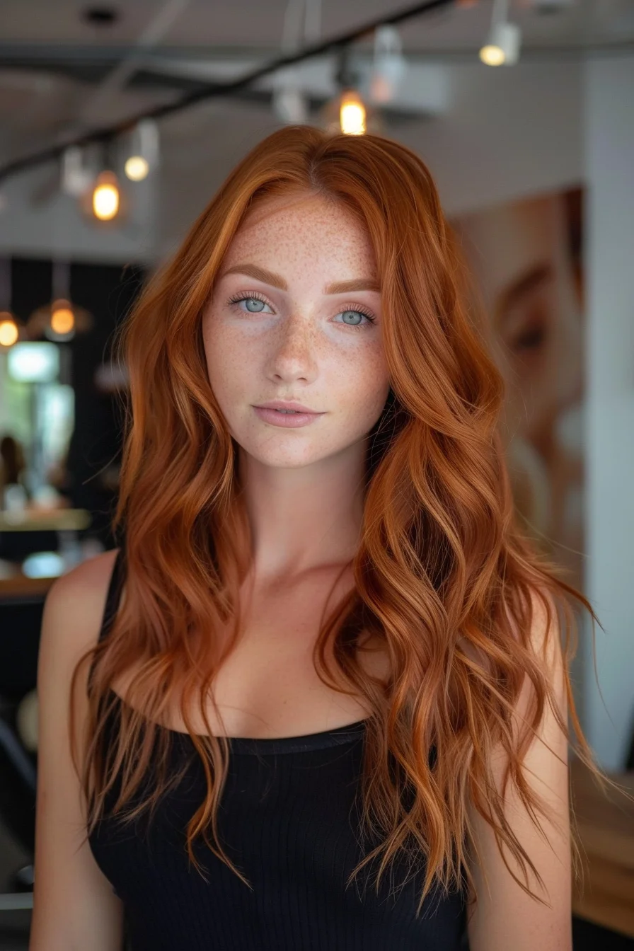 Fiery copper highlights effortlessly mingle with a rich, auburn base, creating a captivating, dimensional style. Cascading waves and face-framing layers lend a natural, sun-kissed appeal that exudes warmth and vibrancy.