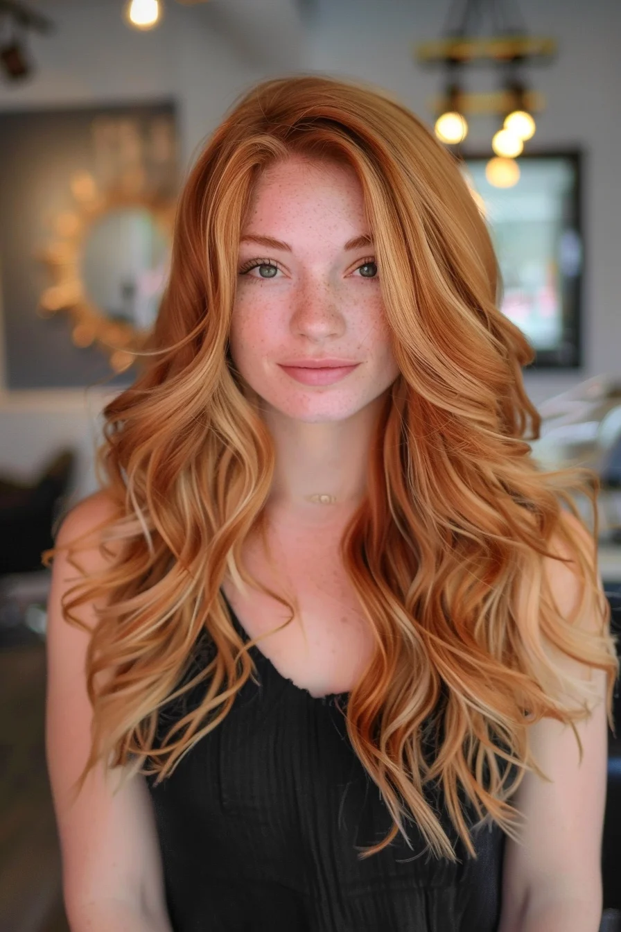 Blended honey-blonde hues seamlessly transition from roots to ends, resulting in a beautifully harmonious, multitonal look. Soft, flowing waves and layers frame the face, accentuating the warm, luminous color.