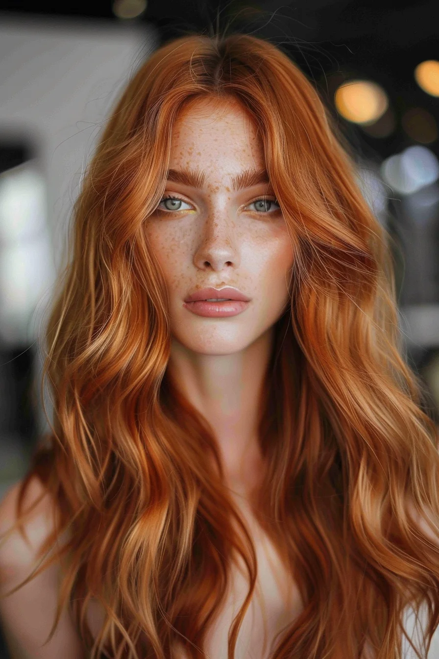 Subtle strawberry-blonde highlights infuse a golden base with a natural, sun-kissed radiance. Voluminous, textured waves enhance the dimensional color palette, creating a youthful, vibrant style.