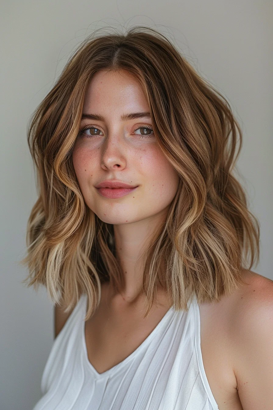 Warm, caramel-toned highlights seamlessly blend into a darker, honey-blonde base, resulting in a rich, multi-dimensional look. Flowing waves and face-framing layers add movement and depth, complementing the luminous color.