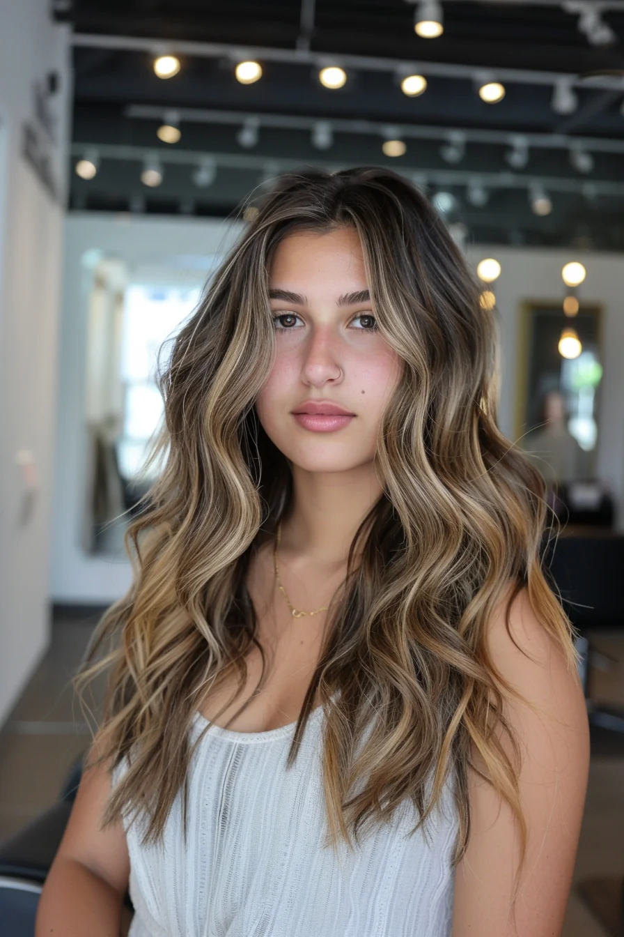Vibrant cinnamon-red tones are softened by golden highlights, creating a beautifully blended, spiced-up style. Cascading, voluminous waves and layers frame the face, exuding an effortless, head-turning look.