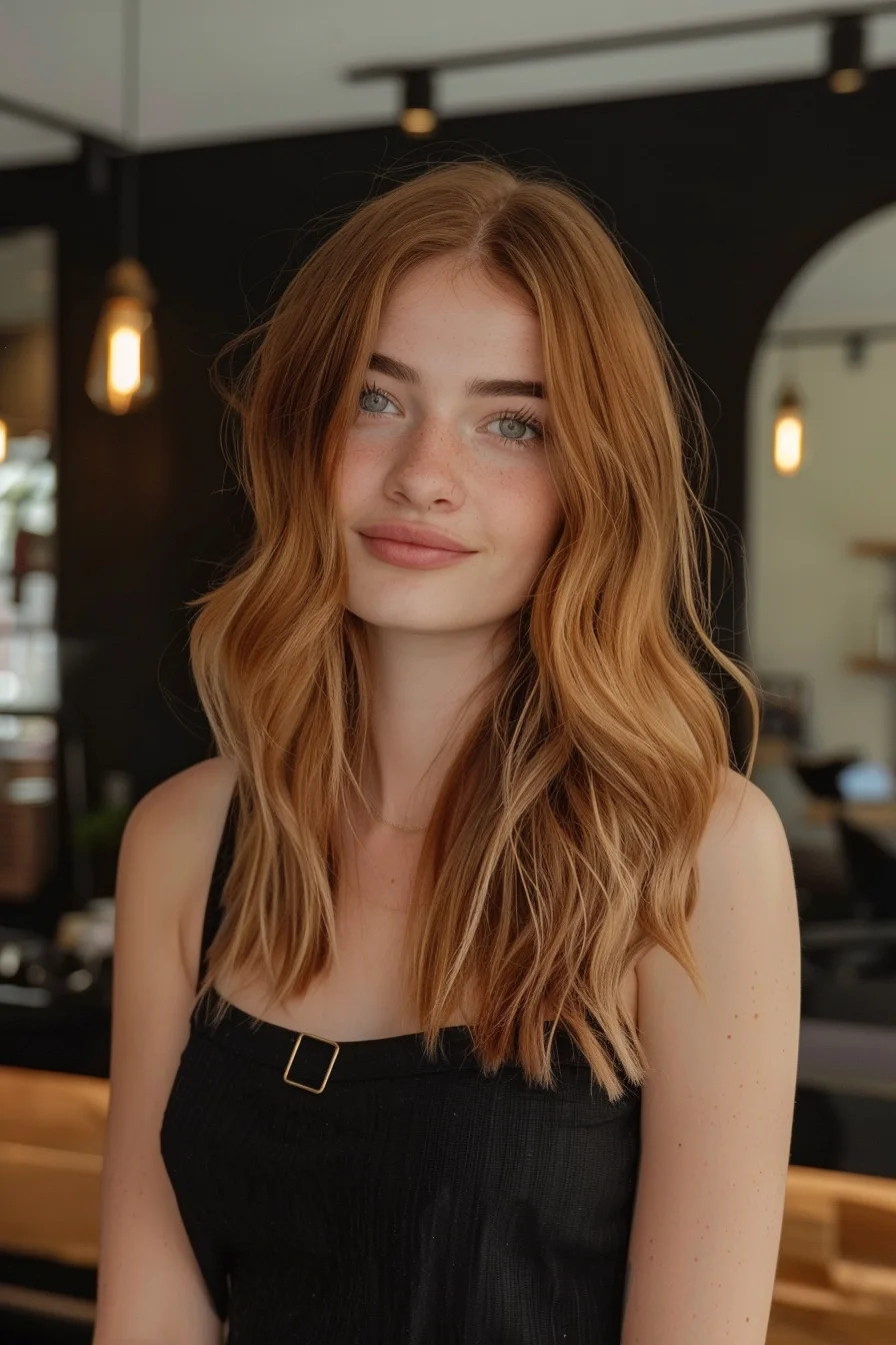 Delicate, buttery-blonde highlights are seamlessly painted throughout a natural, honey-toned base, resulting in a dimensional, sun-kissed effect. Soft, flowing waves and face-framing layers enhance the warm, radiant hue.