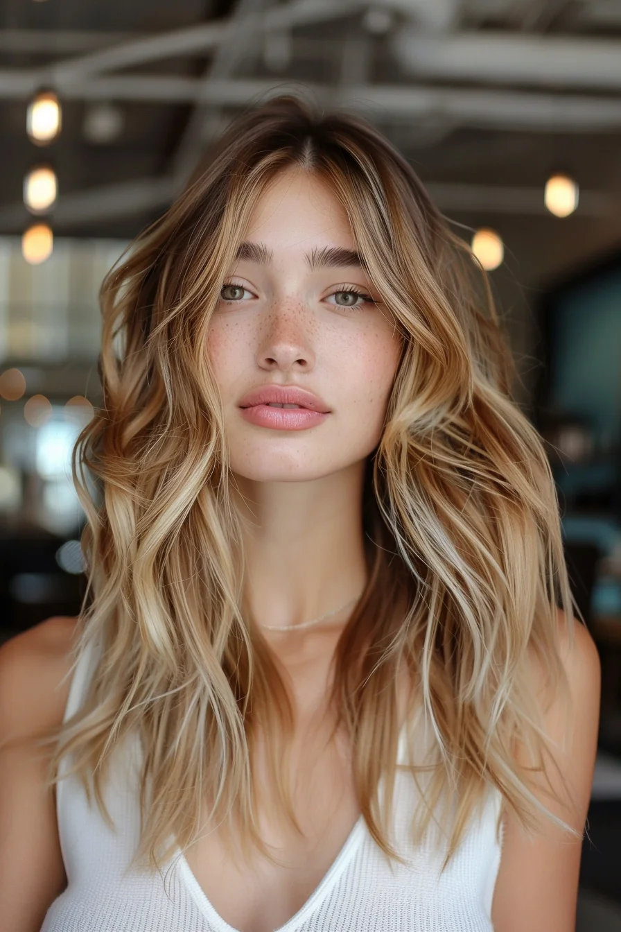 Fiery copper highlights effortlessly mingle with a rich, auburn base, creating a captivating, dimensional style. Cascading waves and face-framing layers lend a natural, sun-kissed appeal that exudes warmth and vibrancy.