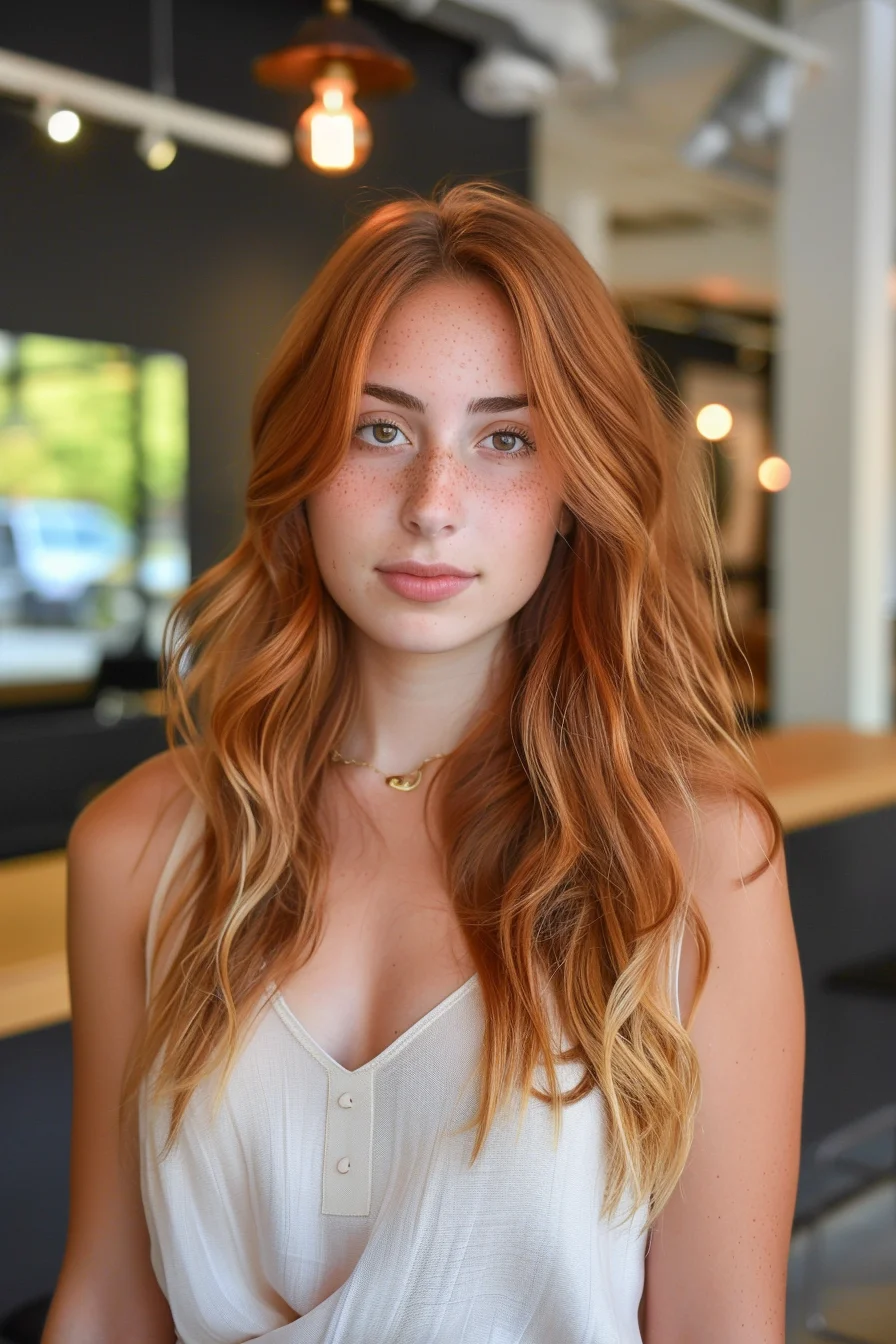 Blended honey-blonde hues seamlessly transition from roots to ends, resulting in a beautifully harmonious, multitonal look. Soft, flowing waves and layers frame the face, accentuating the warm, luminous color.