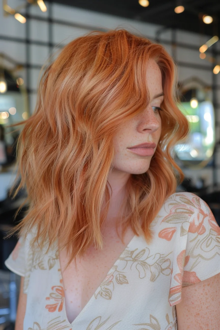 Subtle strawberry-blonde highlights infuse a golden base with a natural, sun-kissed radiance. Voluminous, textured waves enhance the dimensional color palette, creating a youthful, vibrant style.