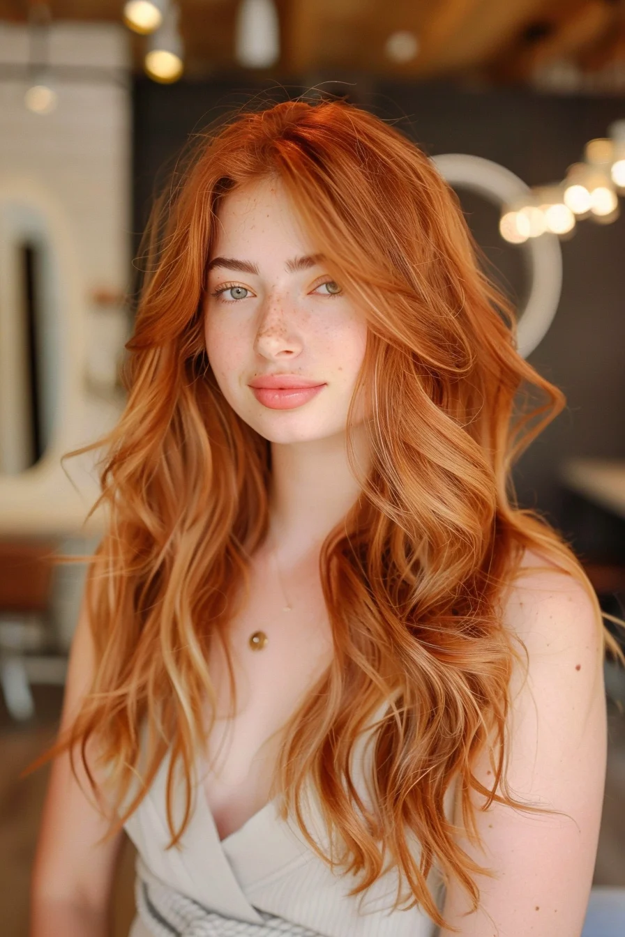 Bold strawberry blonde tones gradually transition into a fiery, auburn hue at the ends, creating a striking ombré effect. Voluminous, textured waves enhance the dynamic color contrast, exuding a captivating, head-turning look.
