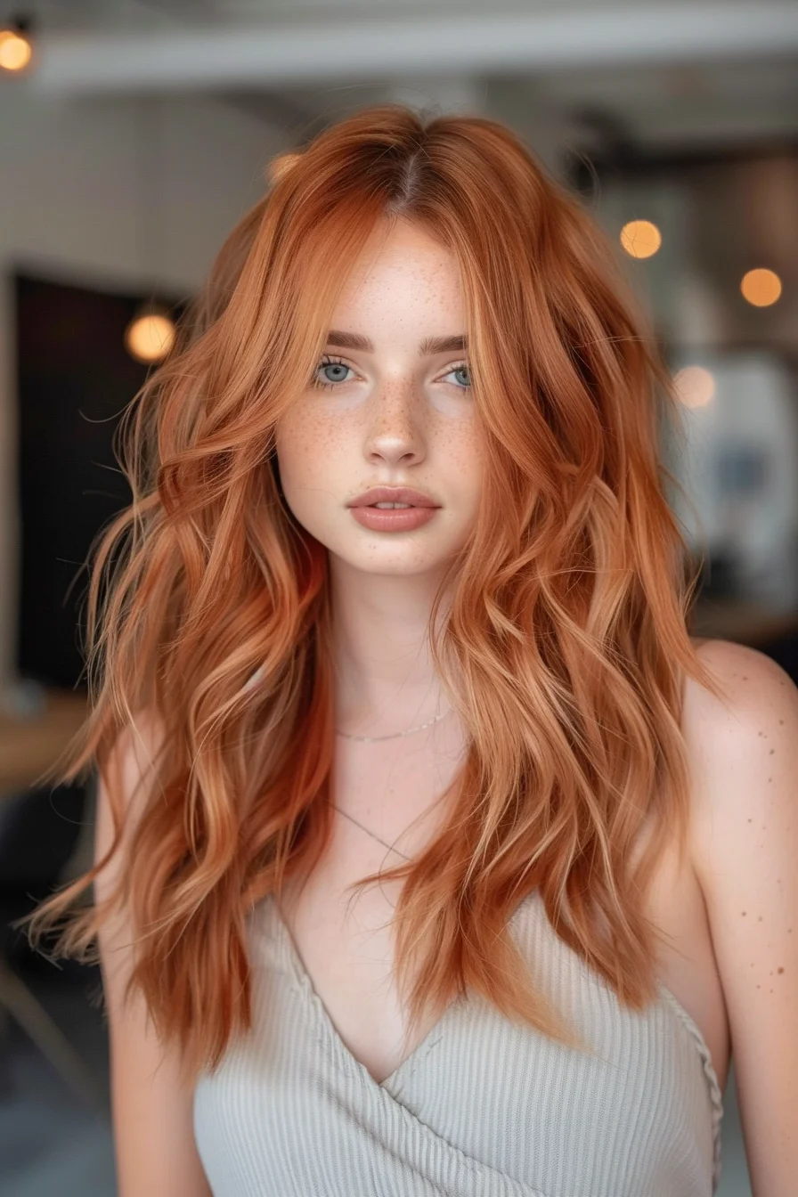 Subtle, strawberry-tinted highlights add a touch of warmth and dimension to a natural, honey-blonde base. Soft, face-framing waves and layers create a flattering, effortless style that radiates youthful vibrancy.