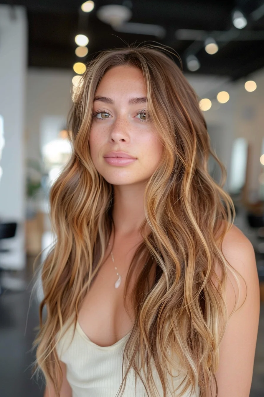A harmonious blend of strawberry blonde and golden hues results in a multifaceted, sun-kissed color palette. Cascading, soft waves and layers frame the face, accentuating the dimensional color and lending a fresh, summery appeal.