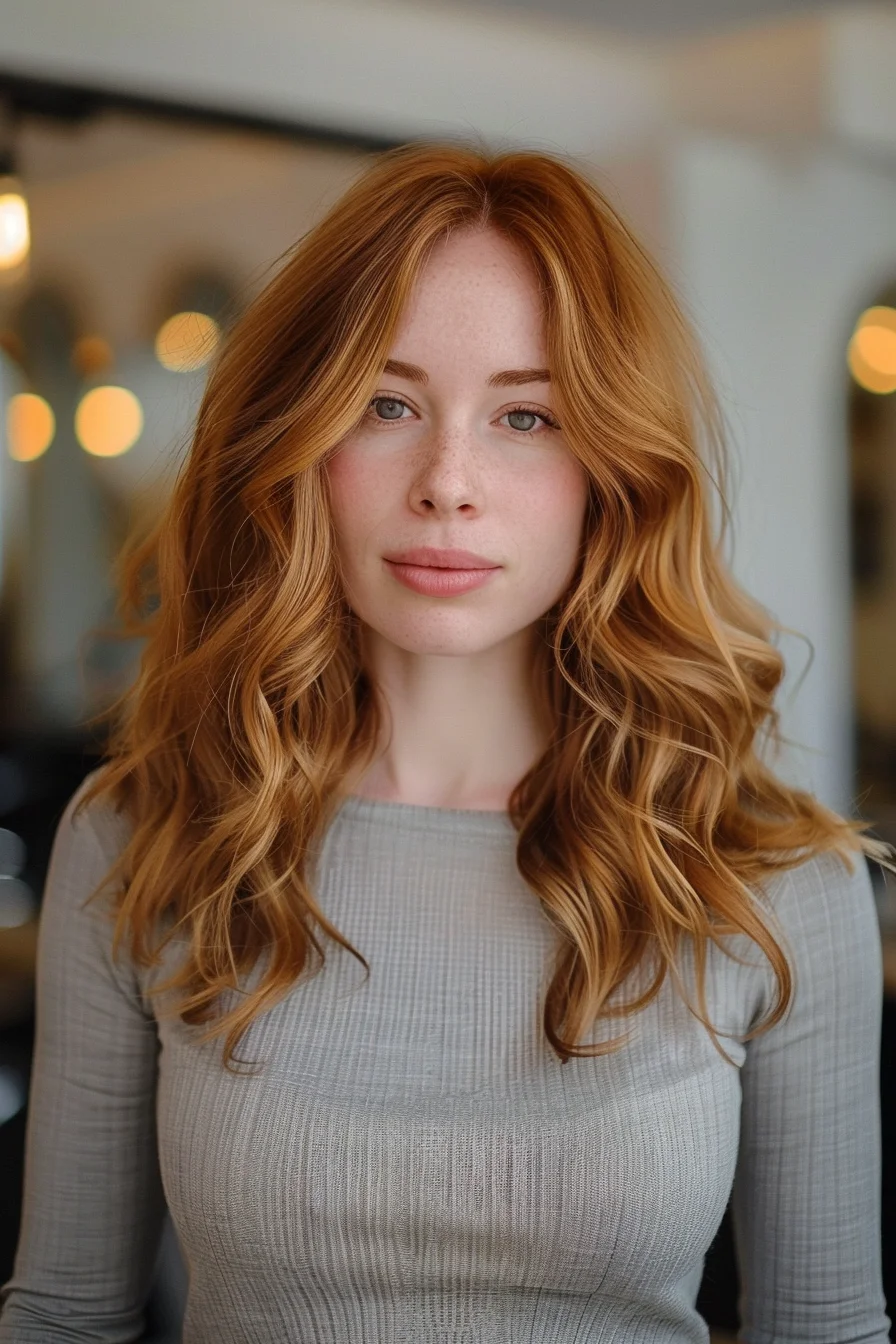 Luminous strawberry blonde highlights infuse a champagne-toned base with a radiant, warm glow. Flowing, voluminous waves and layers enhance the dimensional color, creating a sophisticated yet natural-looking style.