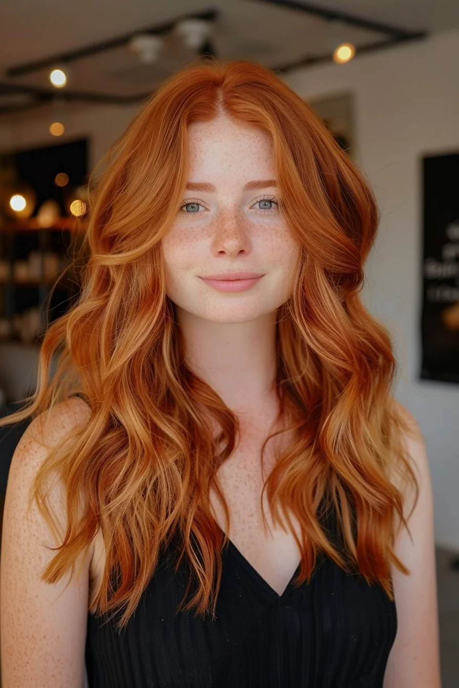 Fiery copper highlights effortlessly mingle with a rich, auburn base, creating a captivating, dimensional style. Cascading waves and face-framing layers lend a natural, sun-kissed appeal that exudes warmth and vibrancy.