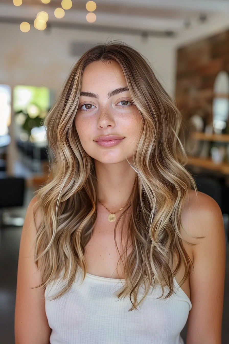 Blended honey-blonde hues seamlessly transition from roots to ends, resulting in a beautifully harmonious, multitonal look. Soft, flowing waves and layers frame the face, accentuating the warm, luminous color.