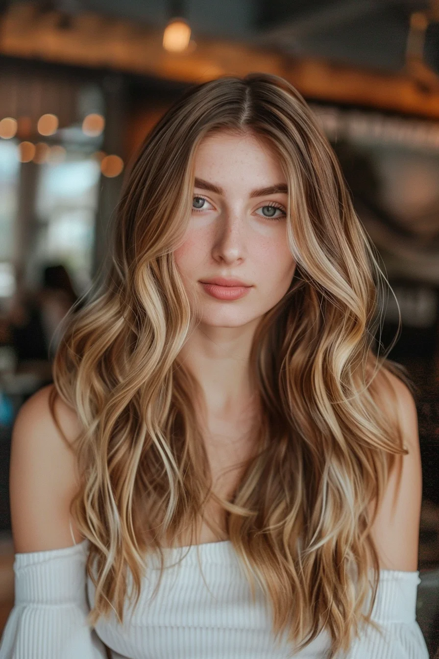 Subtle strawberry-blonde highlights infuse a golden base with a natural, sun-kissed radiance. Voluminous, textured waves enhance the dimensional color palette, creating a youthful, vibrant style.