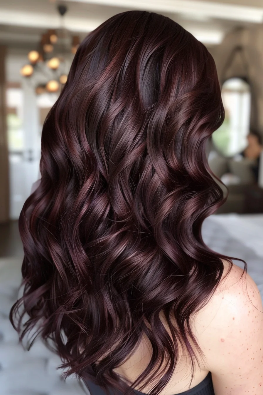Sultry waves and dimensional highlights create a rich, vibrant brunette balayage that effortlessly frames the face. The color seamlessly blends from dark roots to golden-kissed ends, adding depth and movement to the long, luxurious style.