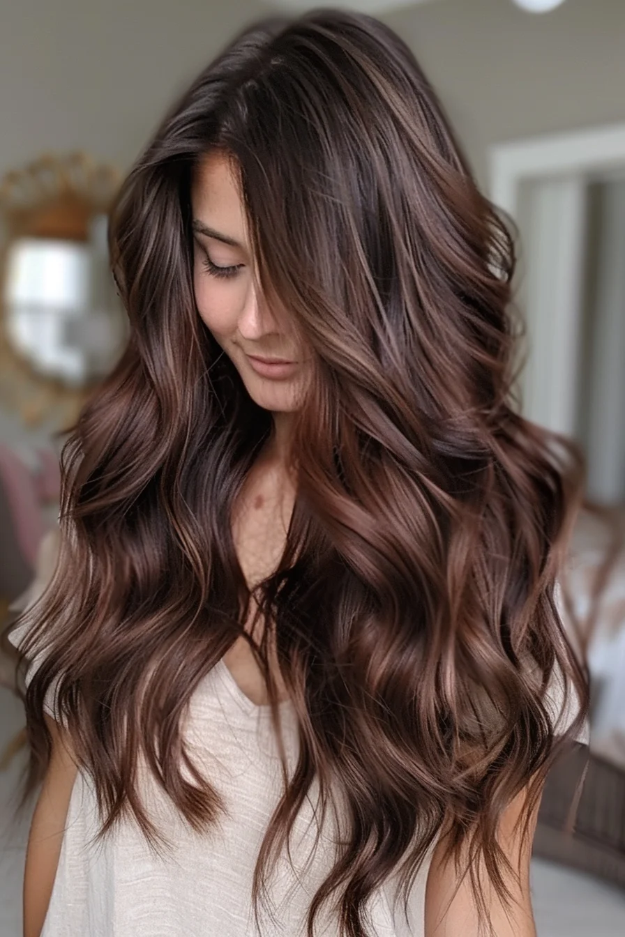 Dramatic roots of inky espresso brown gradually lighten to a warm, golden brown through the lengths, creating a striking, high-contrast balayage. Flowing waves and face-framing layers enhance the style's natural, low-maintenance appeal.