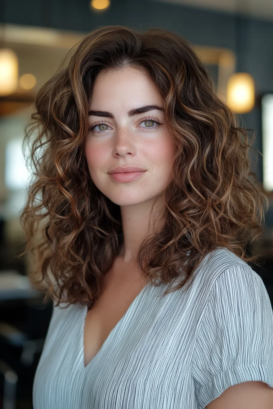 A rich, dark chocolate base gives way to warm, caramel-kissed balayage through the ends, infusing the long, flowing style with dimensional, multi-tonal color. Soft, face-framing waves add gentle movement and texture.