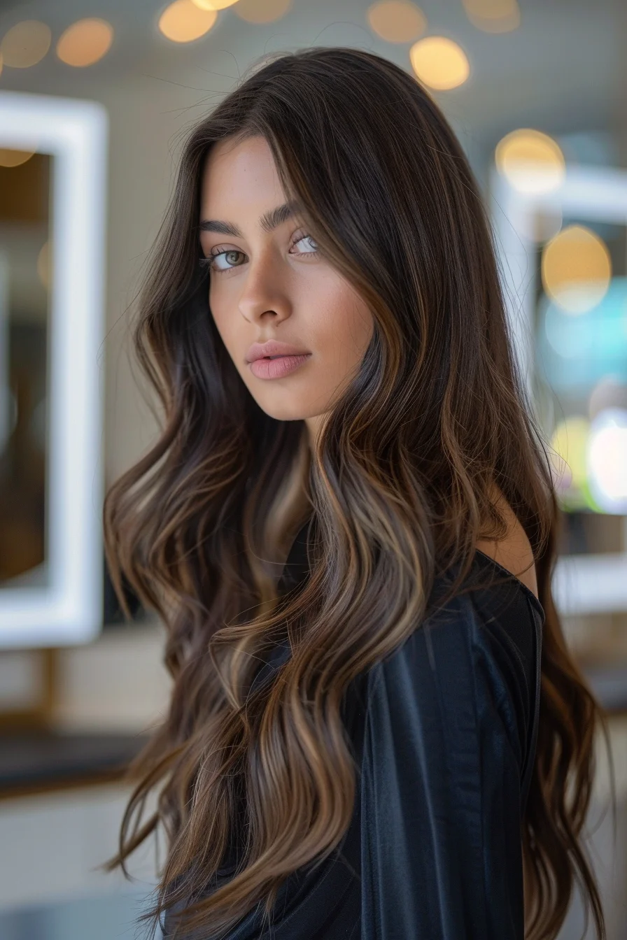 Alluring, mocha-hued roots seamlessly transition into sweeping, golden-brown highlights, resulting in a stunning, multi-dimensional balayage effect. Cascading waves and face-framing layers enhance the style's natural, effortless beauty.
