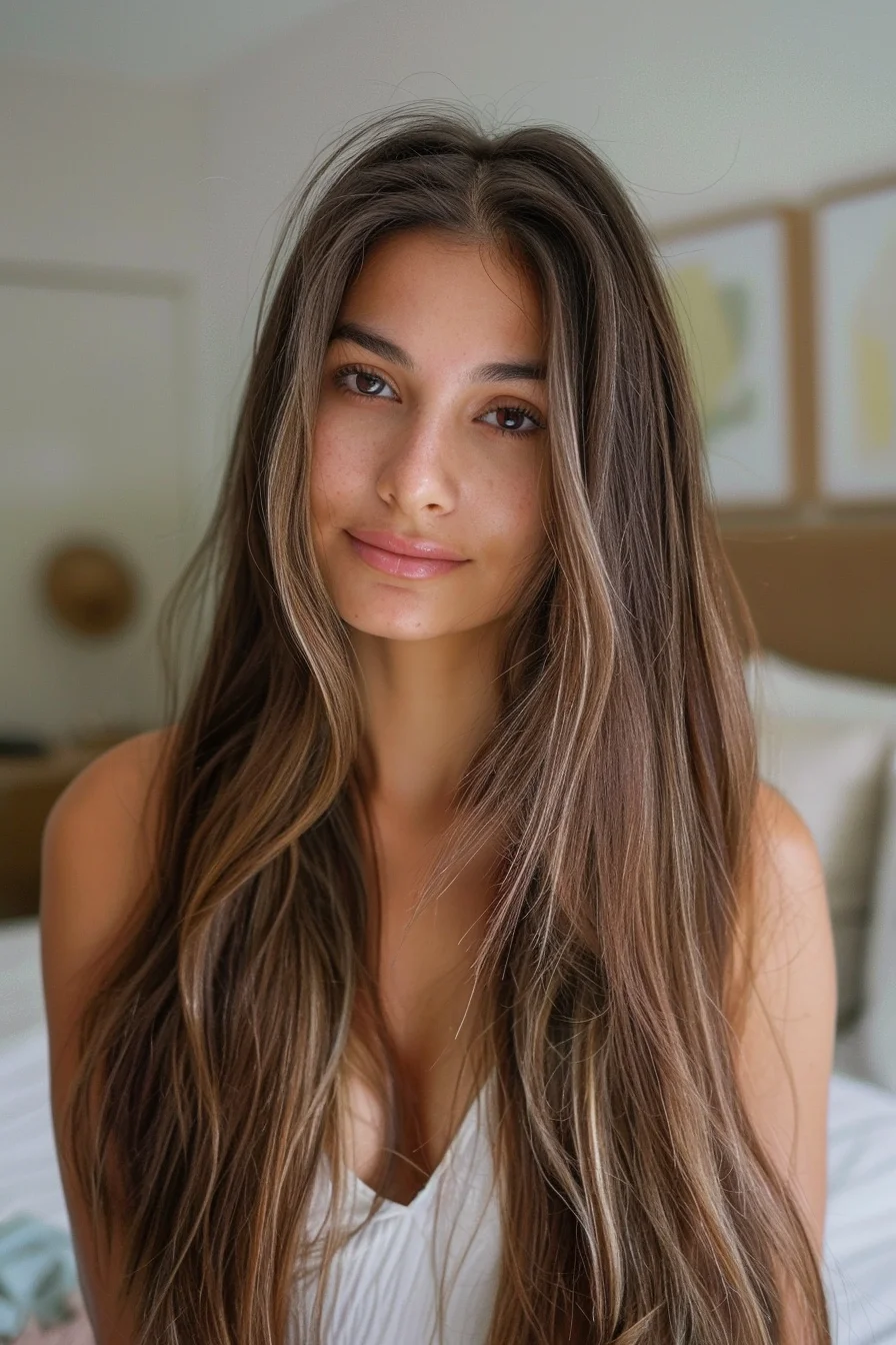 Radiant chestnut brown roots gracefully transition into dimensional, golden-brown highlights that lend natural-looking dimension and depth. Cascading waves and soft layers create a gorgeous, low-maintenance style that effortlessly flatters the face.