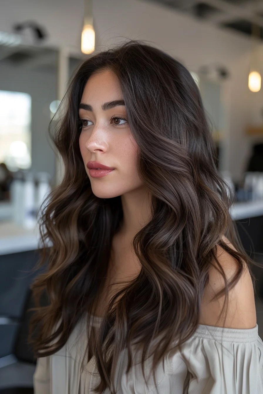 Warm, rich mahogany roots melt into sun-kissed honey-blonde balayage through the ends, resulting in a stunning, multidimensional hue. Loose, face-framing waves add beautiful movement and texture to the full, flowing style.