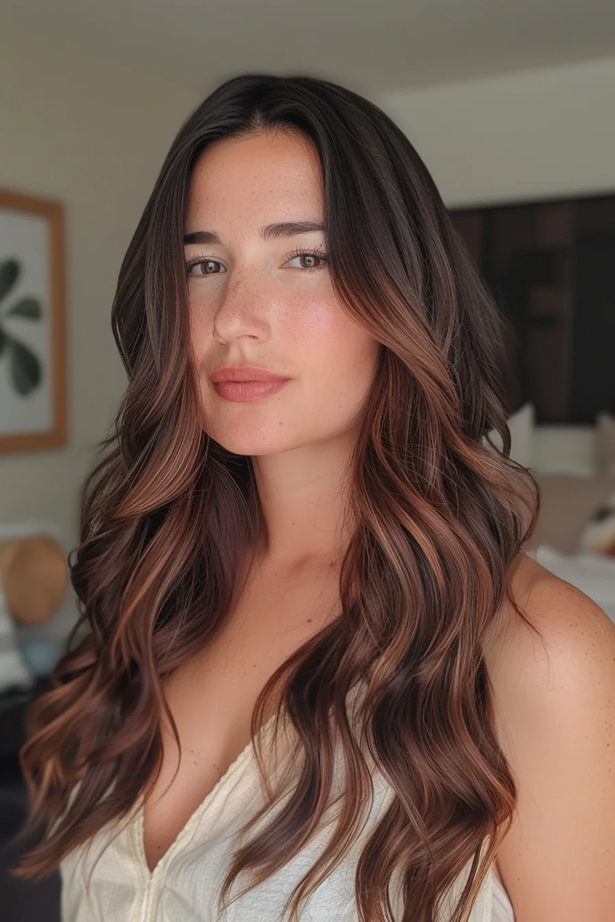 Dimensional brunette balayage elevates the deep, chocolatey base with golden-brown highlights that create a beautifully blended, natural-looking effect. Soft, layered waves lend effortless volume and movement to the long, luxurious style.