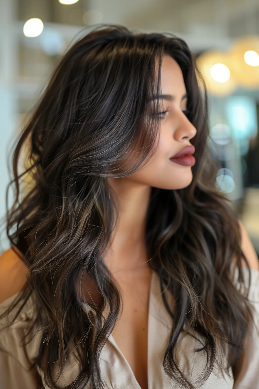 Dramatic roots of inky espresso brown gradually lighten to a warm, golden brown through the lengths, creating a striking, high-contrast balayage. Flowing waves and face-framing layers enhance the style's natural, low-maintenance appeal.