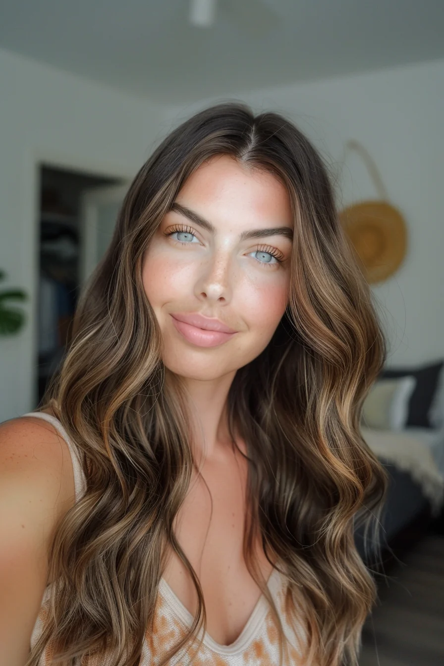A rich, dark chocolate base gives way to warm, caramel-kissed balayage through the ends, infusing the long, flowing style with dimensional, multi-tonal color. Soft, face-framing waves add gentle movement and texture.