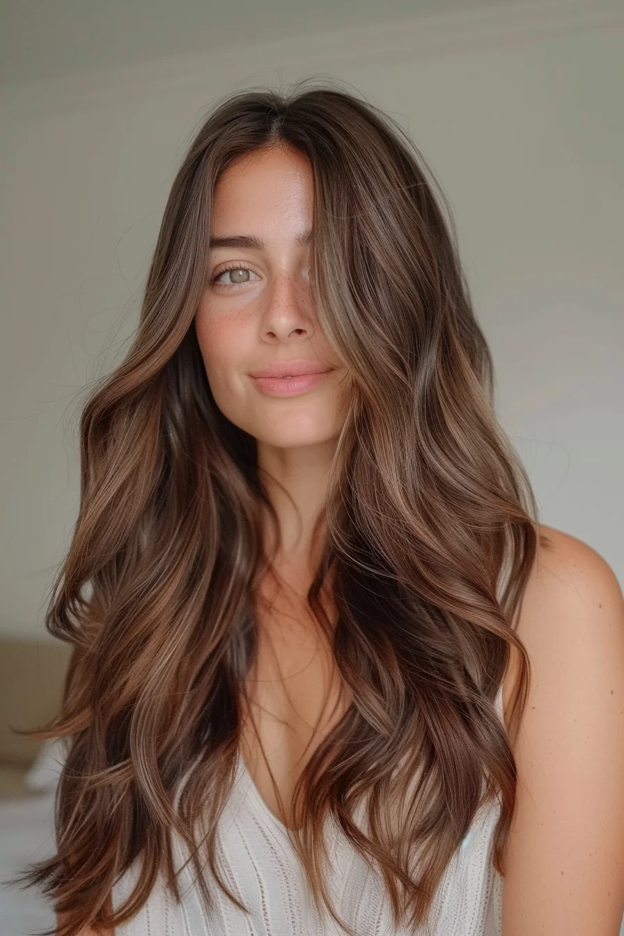 Alluring, mocha-hued roots seamlessly transition into sweeping, golden-brown highlights, resulting in a stunning, multi-dimensional balayage effect. Cascading waves and face-framing layers enhance the style's natural, effortless beauty.
