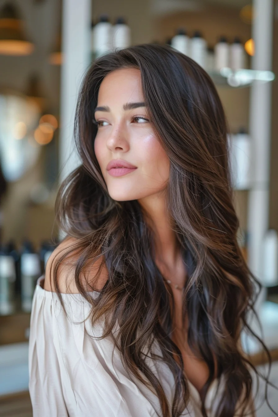 Radiant chestnut brown roots gracefully transition into dimensional, golden-brown highlights that lend natural-looking dimension and depth. Cascading waves and soft layers create a gorgeous, low-maintenance style that effortlessly flatters the face.