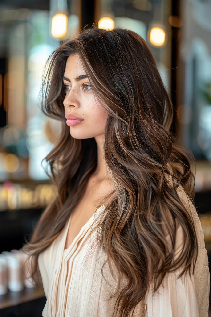 Warm chestnut brown roots gradually lighten to a sun-kissed caramel throughout the length, resulting in a stunning balayage effect. Soft, face-framing waves and subtle highlights lend a naturally beautiful, low-maintenance look.