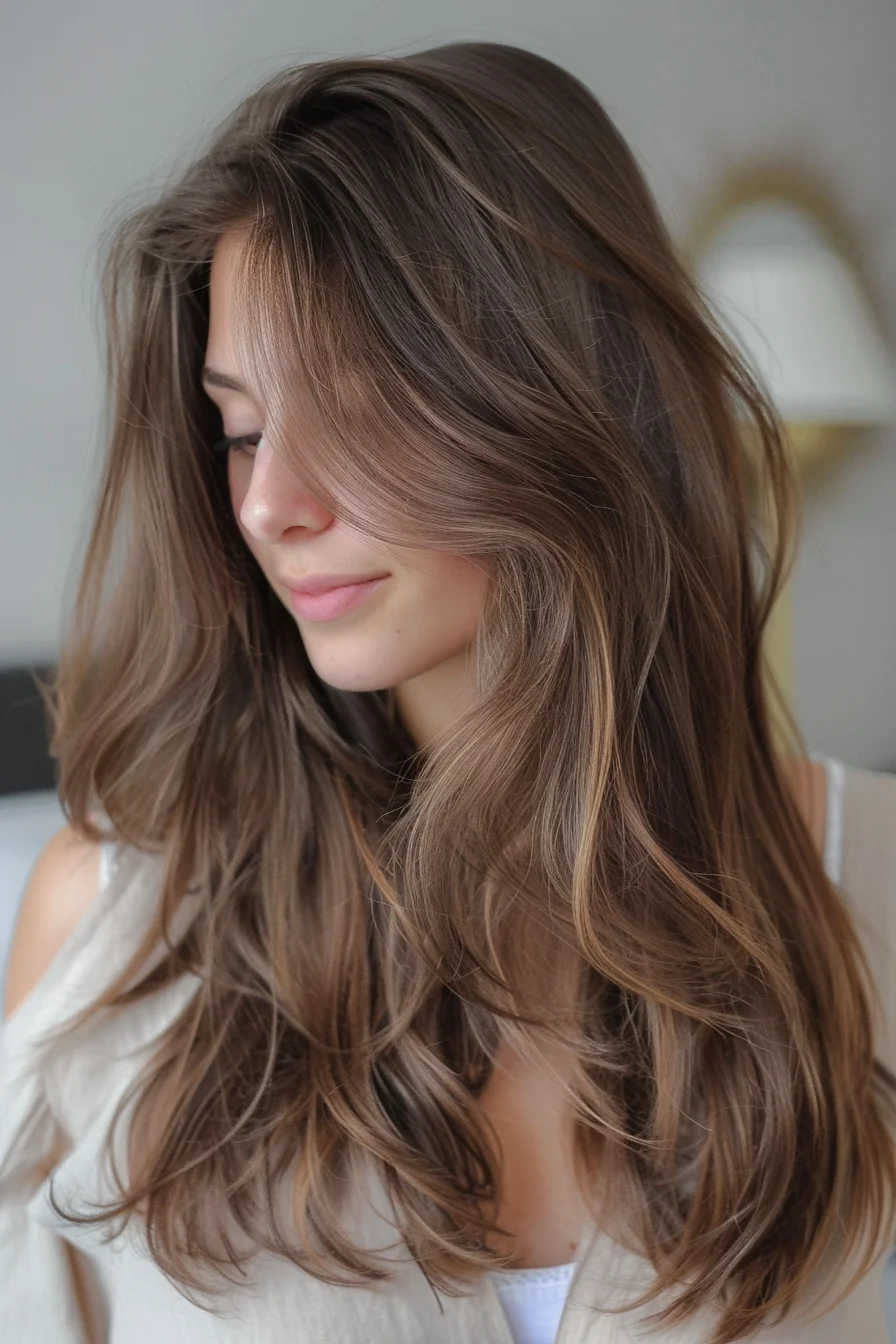 Dimensional brunette balayage elevates the deep, chocolatey base with golden-brown highlights that create a beautifully blended, natural-looking effect. Soft, layered waves lend effortless volume and movement to the long, luxurious style.
