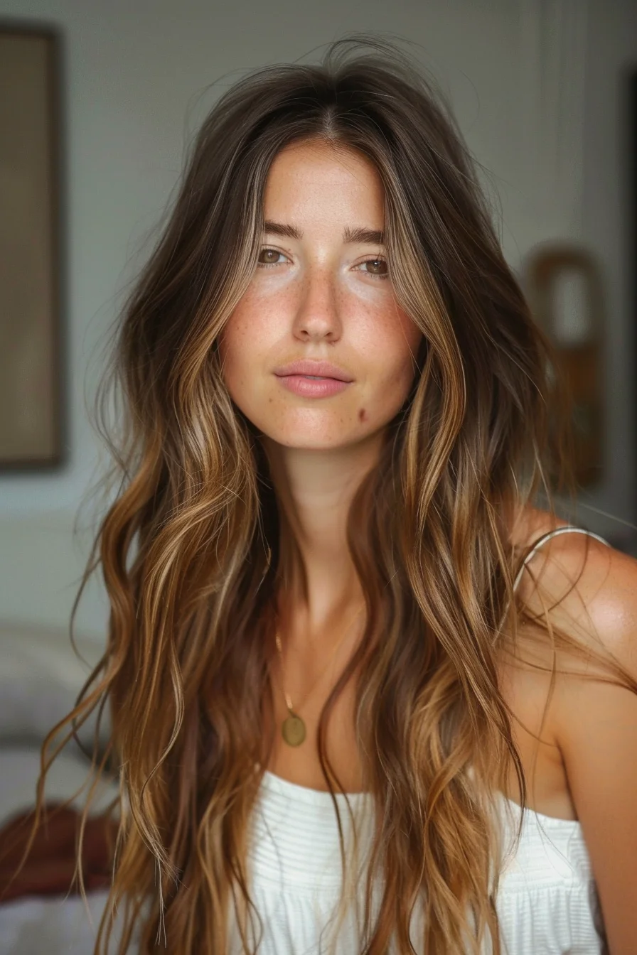 A rich, dark chocolate base gives way to warm, caramel-kissed balayage through the ends, infusing the long, flowing style with dimensional, multi-tonal color. Soft, face-framing waves add gentle movement and texture.