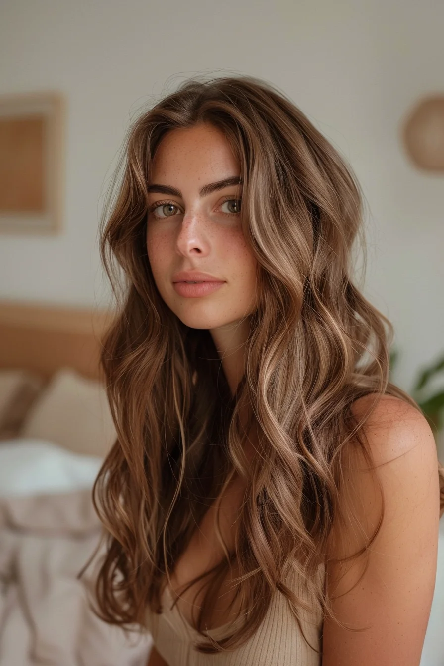 Mocha-hued roots seamlessly transition into sweeping, golden-brown highlights, resulting in a stunning, multi-dimensional balayage effect. Cascading waves and face-framing layers enhance the style's natural, effortless beauty.