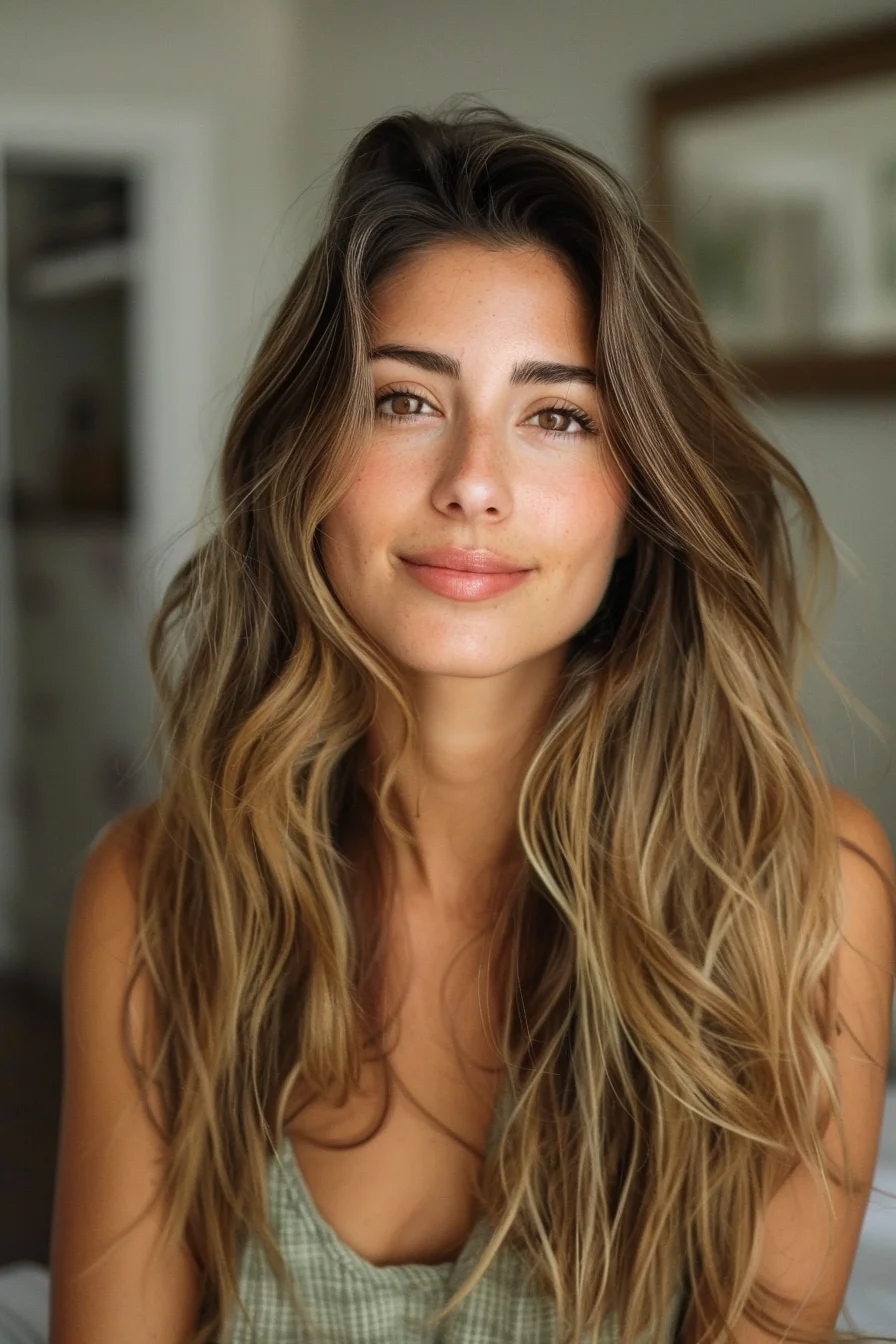 Radiant chestnut brown roots gracefully transition into dimensional, golden-brown highlights that lend natural-looking dimension and depth. Cascading waves and soft layers create a gorgeous, low-maintenance style that effortlessly flatters the face.