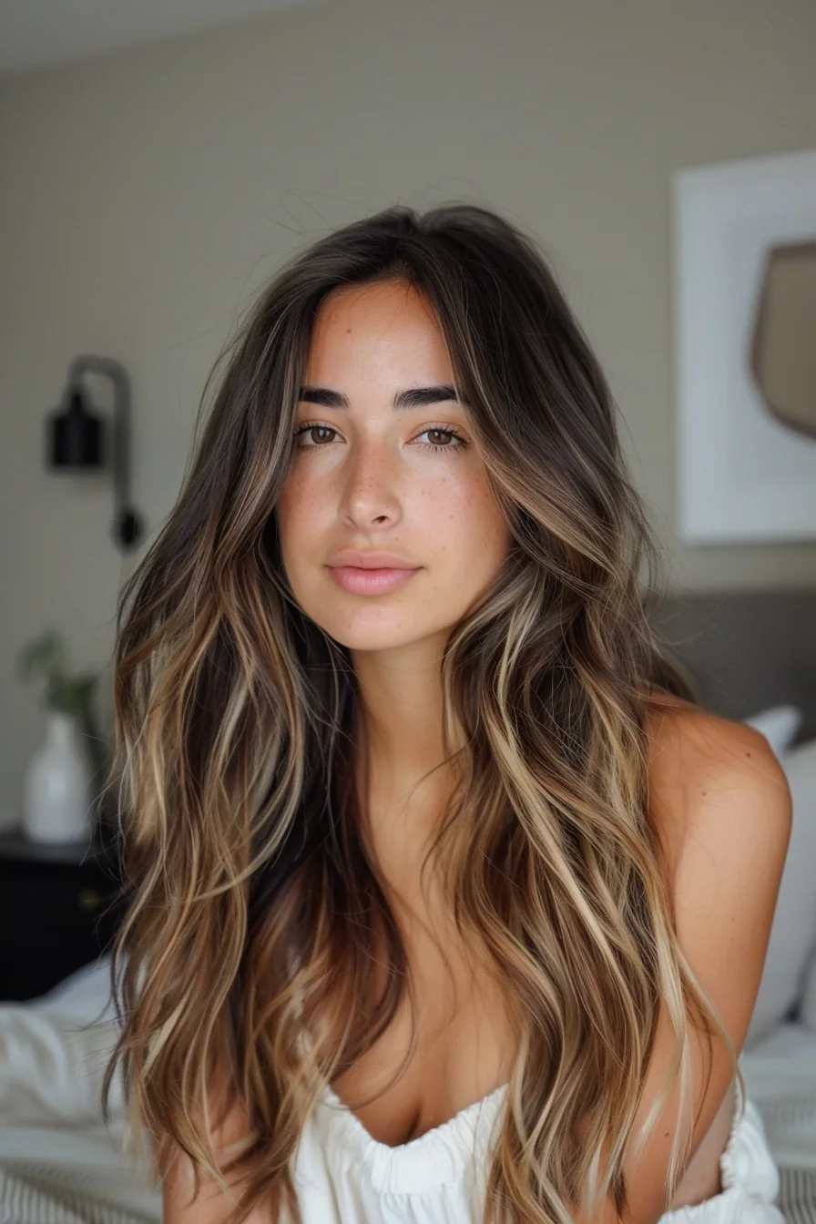 Warm, rich mahogany roots melt into sun-kissed honey-blonde balayage through the ends, resulting in a stunning, multidimensional hue. Loose, face-framing waves add beautiful movement and texture to the full, flowing style.