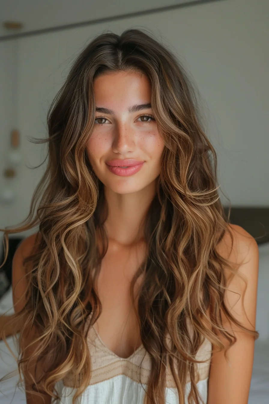 Dimensional brunette balayage elevates the deep, chocolatey base with golden-brown highlights that create a beautifully blended, natural-looking effect. Soft, layered waves lend effortless volume and movement to the long, luxurious style.