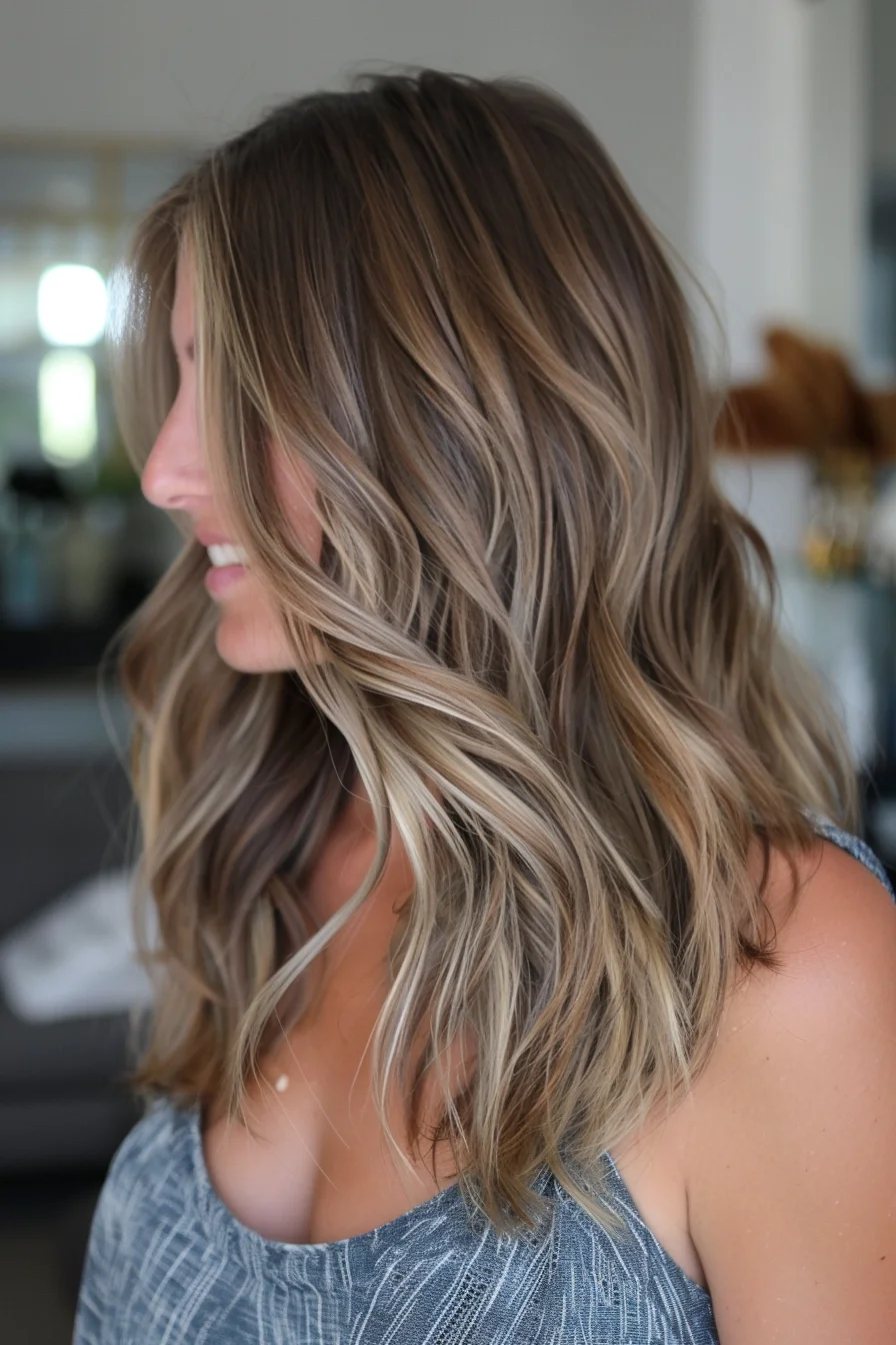 Dramatic roots of inky espresso brown gradually lighten to a warm, golden brown through the lengths, creating a striking, high-contrast balayage. Flowing waves and face-framing layers enhance the style's natural, low-maintenance appeal.