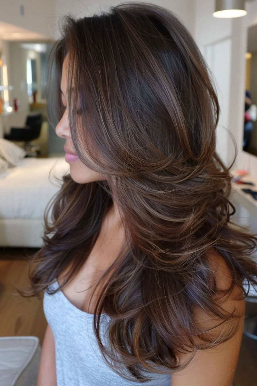 A rich, dark chocolate base gives way to warm, caramel-kissed balayage through the ends, infusing the long, flowing style with dimensional, multi-tonal color. Soft, face-framing waves add gentle movement and texture.