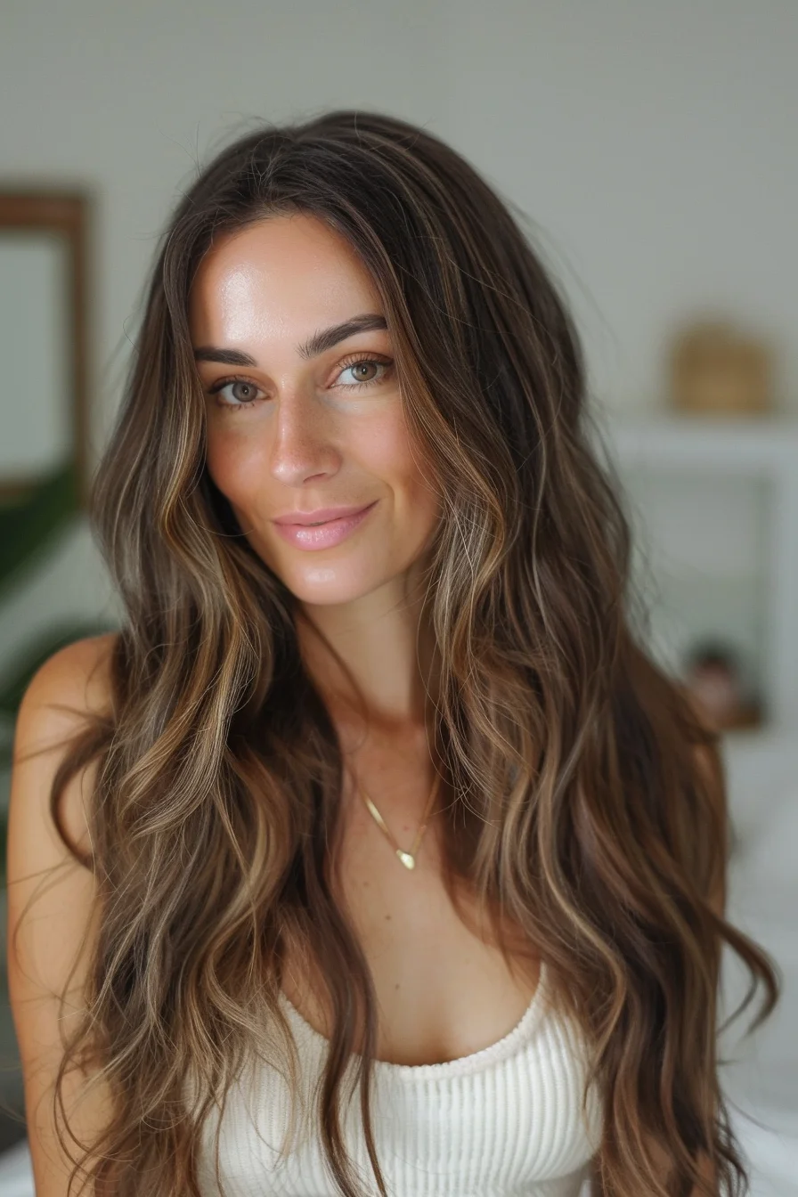 Mocha-hued roots seamlessly transition into sweeping, golden-brown highlights, resulting in a stunning, multi-dimensional balayage effect. Cascading waves and face-framing layers enhance the style's natural, effortless beauty.