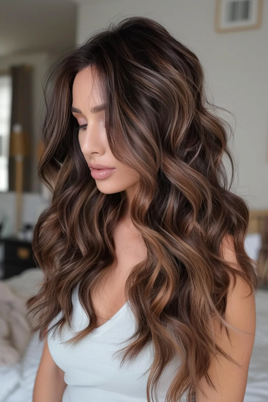 Rich, warm brown roots melt into sun-kissed golden highlights that dance through the ends, creating a beautifully blended, dimensional brunette balayage. Soft, cascading waves and face-framing layers add natural movement and texture.