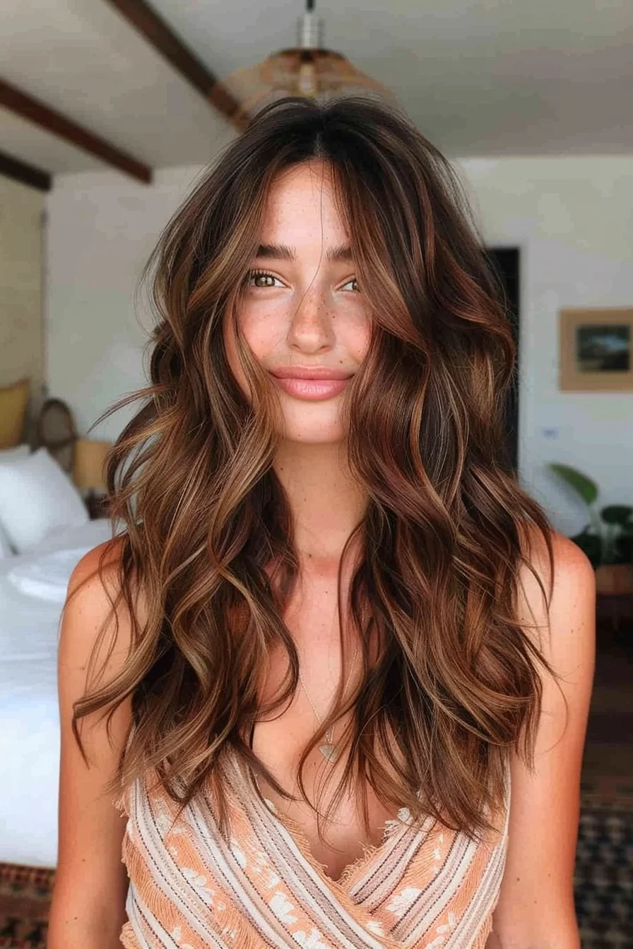 Dimensional brunette balayage elevates the deep, chocolatey base with golden-brown hues that seamlessly blend for a radiant, multi-tonal effect. Flowing waves and wispy layers enhance the style's effortless, low-maintenance appeal.