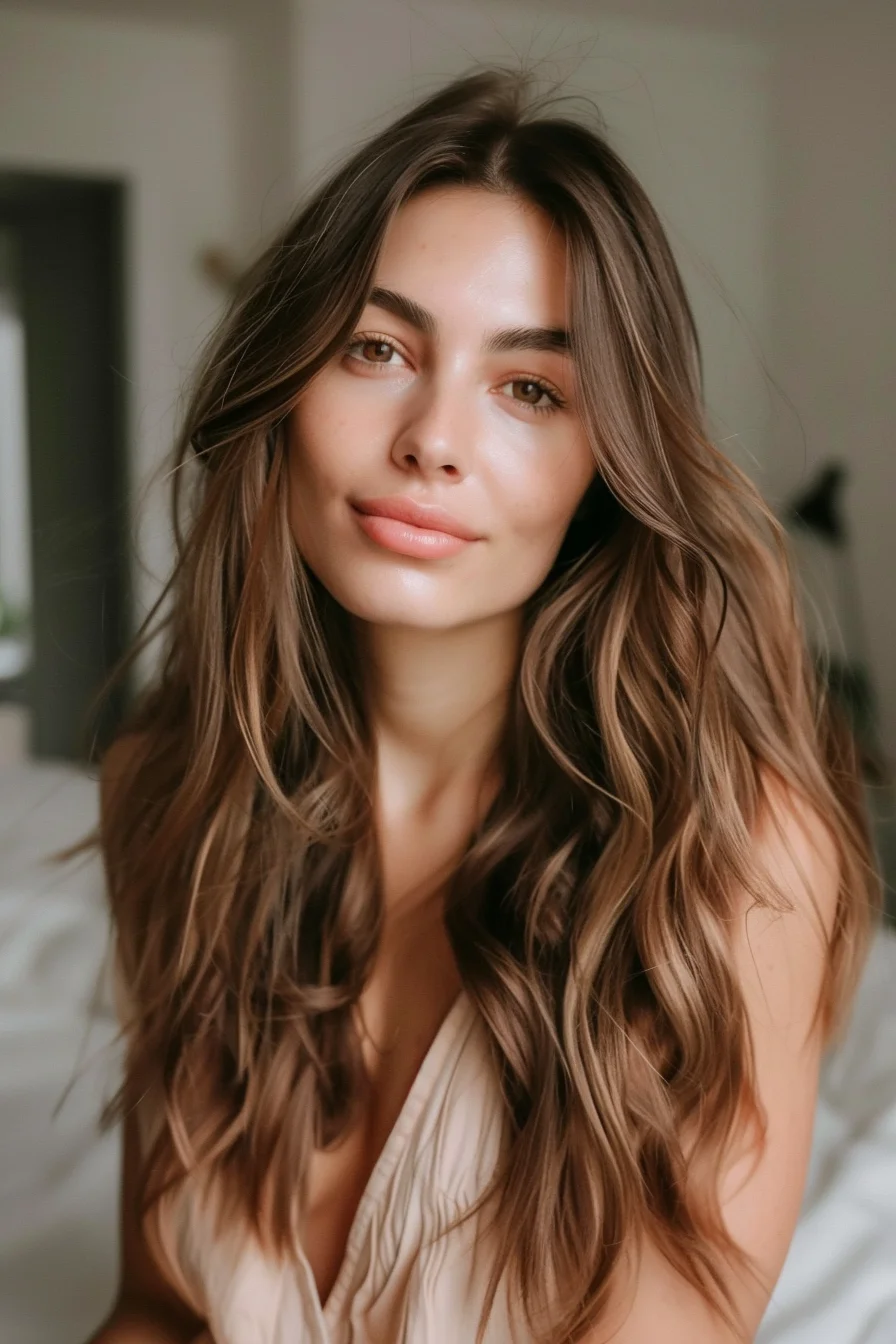 A rich, mocha-hued base gradually lightens to a warm, caramel-kissed brown through the lengths, resulting in a stunning, blended balayage. Soft, face-framing waves add gentle movement and a natural, lived-in vibe.