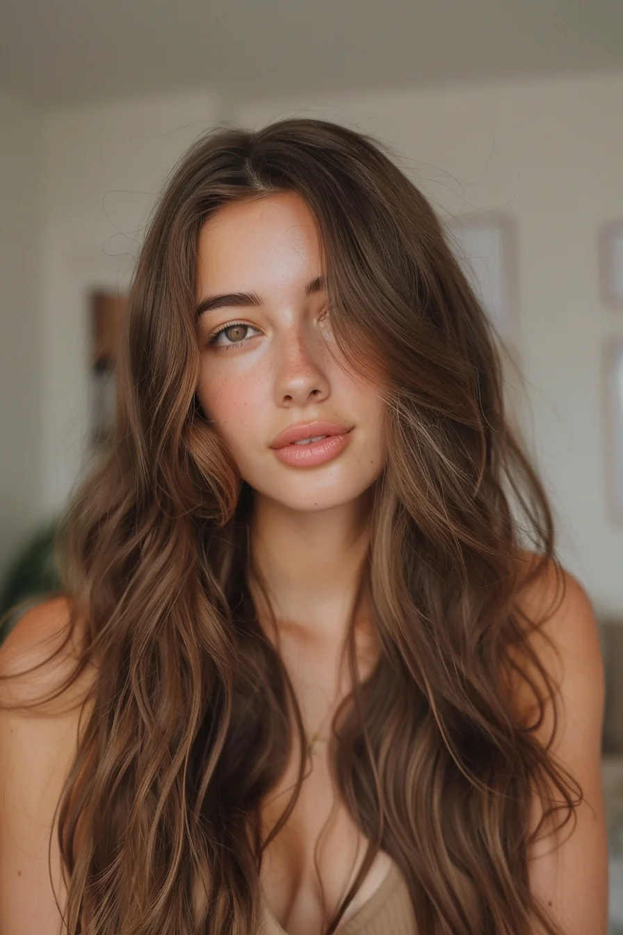 Subtle, golden-brown highlights delicately weave through the deep, chocolatey base, infusing the long, flowing style with natural-looking dimension. Soft, cascading waves enhance the style's low-maintenance, bohemian charm.
