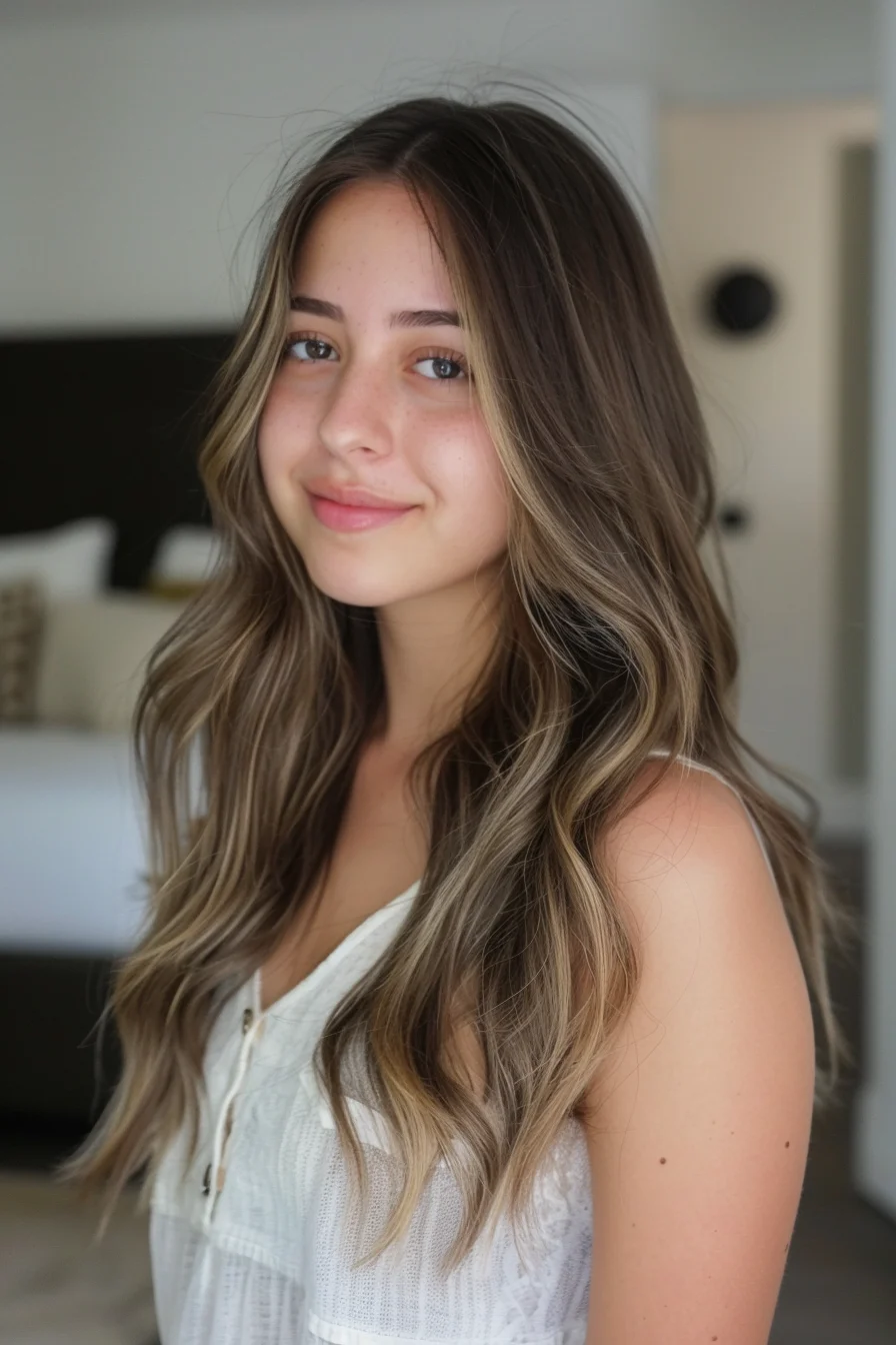 Warm, chestnut-brown roots melt into a sun-kissed, golden-brown balayage through the lengths, resulting in a beautifully blended, multi-tonal hue. Flowing waves and face-framing layers add natural movement and texture.