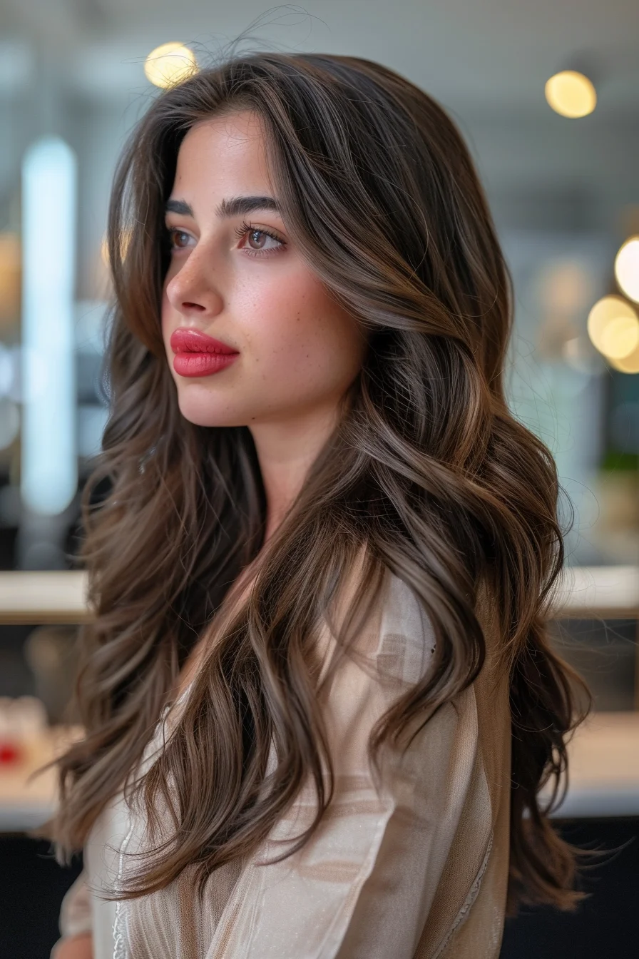 Dimensional brunette balayage brightens the complexion, with golden highlights accentuating the face. The long, flowing style maintains volume and movement through face-framing layers and natural-looking waves.