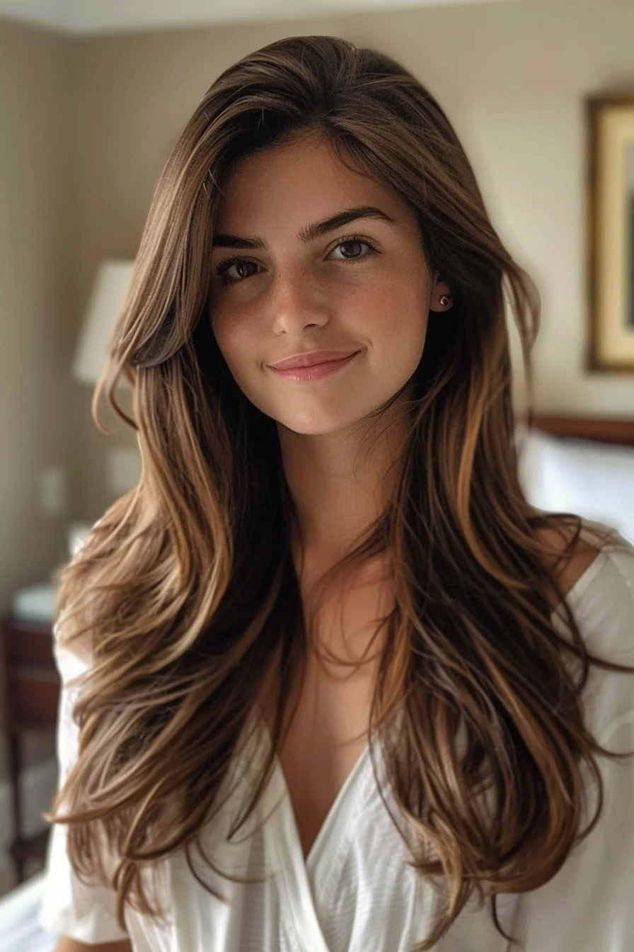 Subtle highlights and balayage infuse the rich, dark brown base with warm, golden-brown tones. The result is a dimensional, multifaceted hue that adds depth and radiance to the long, flowing style.