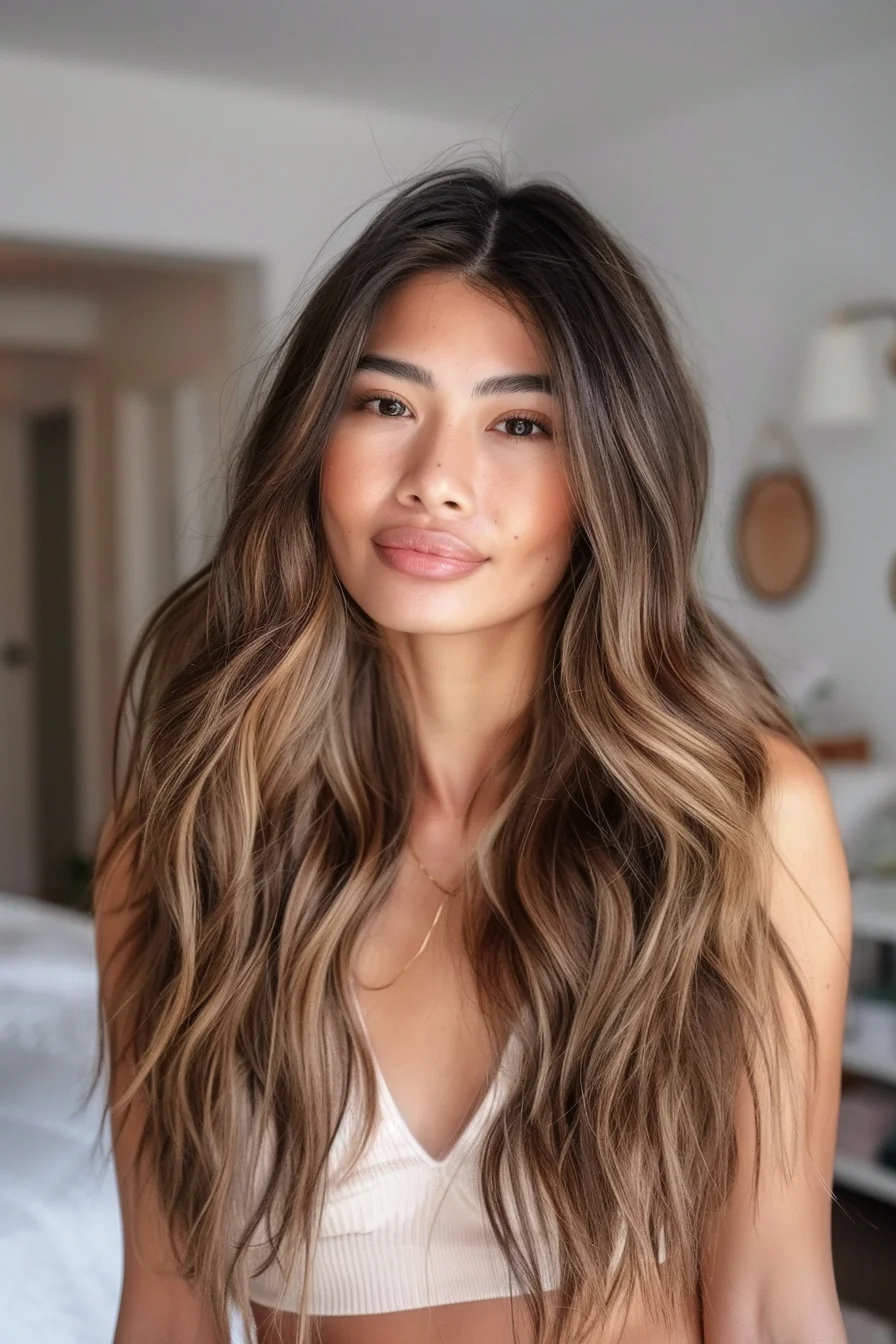 Radiant chestnut brown roots gracefully transition into dimensional, golden-brown highlights that lend natural-looking dimension and depth. Cascading waves and soft layers create a gorgeous, low-maintenance style that effortlessly flatters the face.