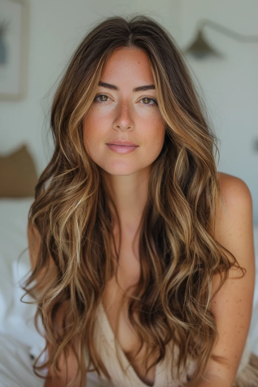 Warm, rich mahogany roots melt into sun-kissed honey-blonde balayage through the ends, resulting in a stunning, multidimensional hue. Loose, face-framing waves add beautiful movement and texture to the full, flowing style.